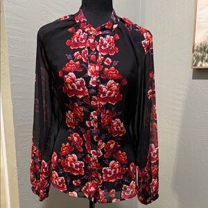 White House Black Market Black and Red Floral Blouse